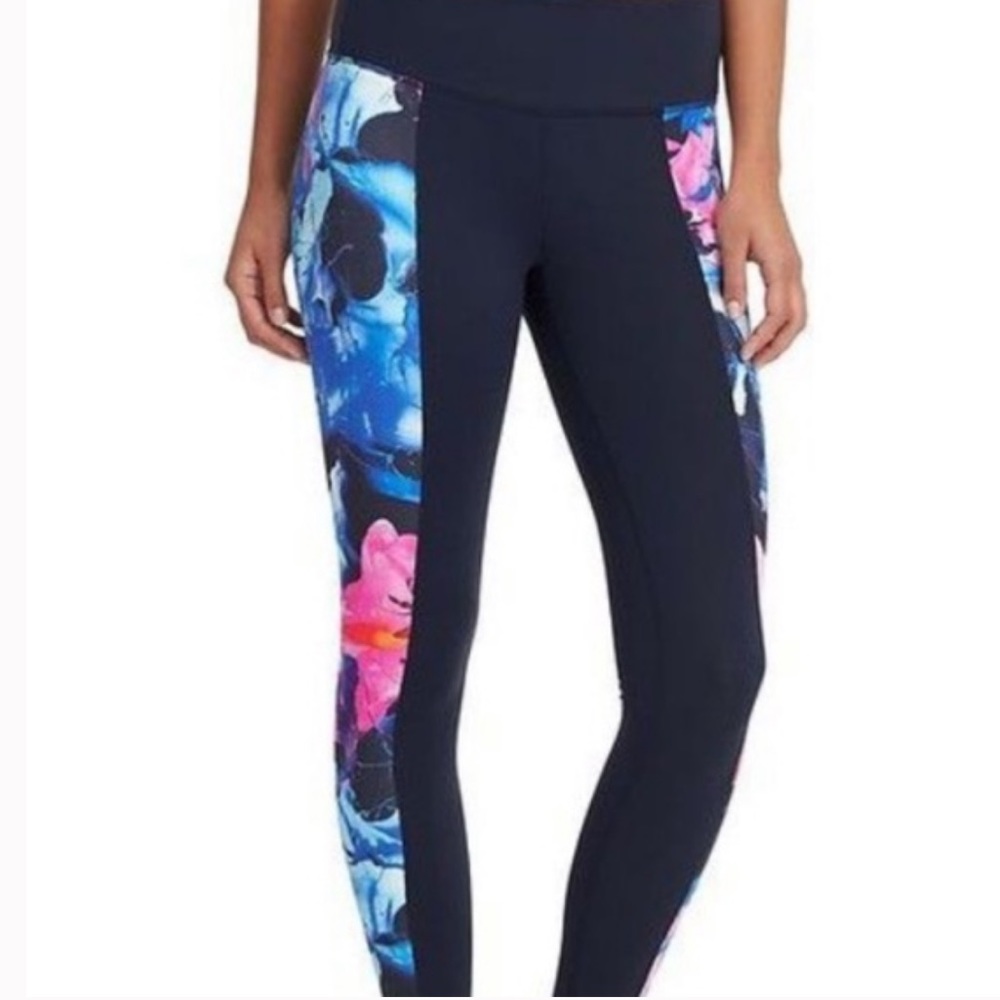 Athleta High Rise Superimpose Chaturanga Leggings Navy Blue Floral Size L